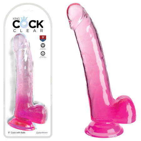 King Cock Clear: 9" Cock with Balls - Pink