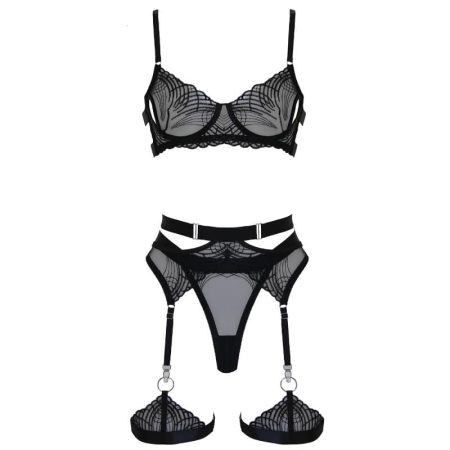 Muse: Black Emroidered Soft Mesh 5 Piece Set Medium