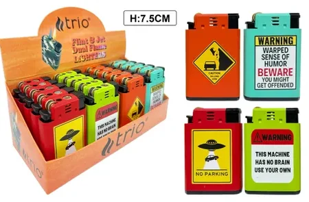 Trio: Dual Flame Flint & Jet Lighter Mixed Warnings Design