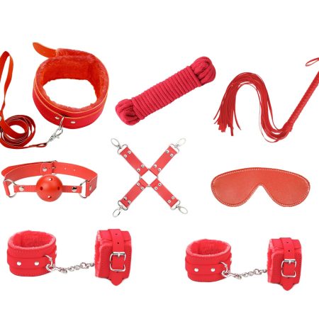 Love in Leather: 9 Piece Red Bondage Kit Red