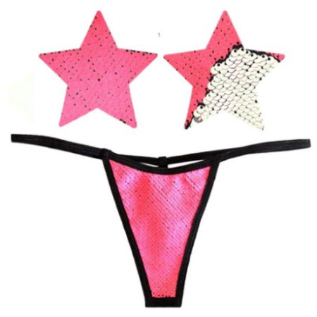 Neva Nude: Bitchin Neon Pink and Silver Blacklight Sequin Pastie and Panty Set