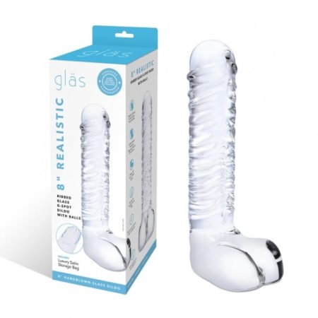 Glas: 8" Realistic Glass G Spot Dildo with Balls