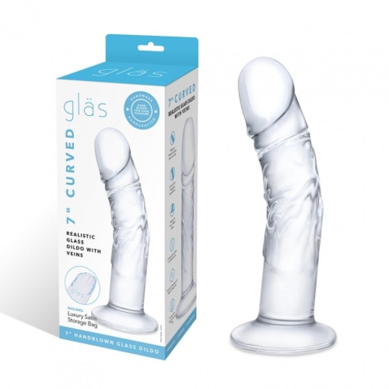 Glas: 7" Curved Realistic Glass Dildo With Veins